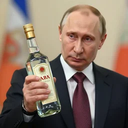 putin holding a bottle of alcohol named arak, cinematic, beautiful digital painting, hyper detailed
