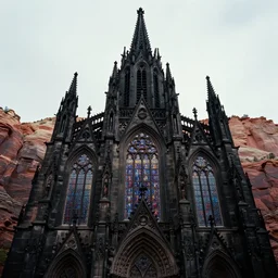 an atmospheric film still by Christopher Nolan with a huge towering dark gothic cathedral :: with epic stained glass windows, breathtaking gothic architecture, tall spires, bloodborne cathedral, carved out of rock, at the top of a red rock canyon