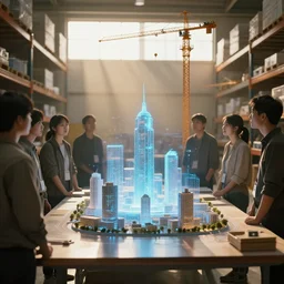 group of people in simple warehouse, staring at hologram of futuristic city on a table, cinematic concept art, godrays, golden hour, natural sunlight, 4 k, clear details, tabletop model buildings, center model buildings, hologram center, crane shot, crane shot, crane shot