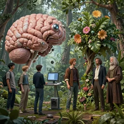 technology vs nature, split in half, the truly amazing part about this is that it increasingly appears our cortical evolution reflects this emergent tension, photorealistic by michael komarck, greg rutkowski, victo ngai, artgerm, willem claesz heda and j. dickenson