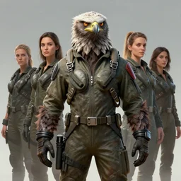 epic professional digital art of a human - eagle hybrid animal wearing human flight jumpsuit, air force jumpsuit, humanoid feathered head, eagle beak, human hands, by lisa roet, sam leach, leesha hannigan, wayne haag, artstation, cgsocietywlop, epic, much wow, much detail