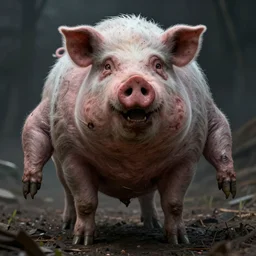 giant mutated pig woman, realistic, dark, horror,