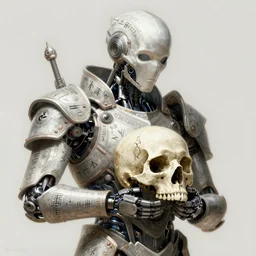 a robot holding a human skull, rune-engraved armor, cyberpunk, sci-fi, fantasy, intricate, elegant, highly detailed, digital painting, artstation, concept art, smooth, 8k octane render, extremely hyperdetailed, intricate complexity, sharp focus, illustration, art by artgerm and greg rutkowski and beeple
