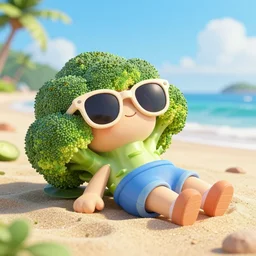 a broccoli with sunglasses relaxing on a beautiful beach, fantasy style, 5 k, octan render, ultrarealistic
