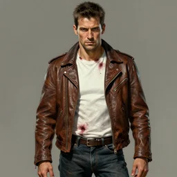 a thirty - five year old contract killer named cobalt. he wears a brown leather jacket with a bloody white t - shirt tucked into his jeans. art by gaston bussiere.