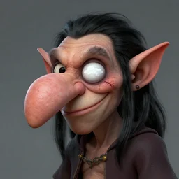 portrait of a goblin with a big bulbous nose, long ears, black slick hair, a white clouded eye and a scar, wicked smile, concept character in the style of boris vallejo and jeff easley, trending on artstation, dnd