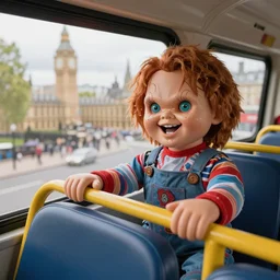 screaming chucky doll riding bus in london and enjoying the view
