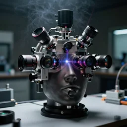 optical instruments mounted on a large table in the shape of a human head, extremely detailed optical lenses and devices diffracting lasers, few colors, scientific laboratory experiments, photoreal, new equipment, analog nikon photo, smoke, dust particles in the air, dark background, bokeh, defocus