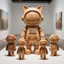 8 k octan advertising detailed photo, beautiful a totally wooden sculpture collection art toys on feet, very cute hippie astronaut zen with cat ears, cyberpunk a contemporary art gallery sharp focus, masterpiece nofinito