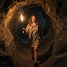 a girl with a torch walking through a cave, the girl is scared, by mckie, angus