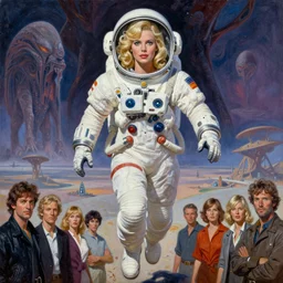 a mixed media painting of one very beautiful blonde woman in a space suit fleeing from a distant colossus creature on an alien world, elegant, aesthetic!!! symmetrical face and eyes, sixties pinup, photorealistic, curvy, epic sci - fi character art, by frank frazetta, donato giancola, boris vallejo, beeple, greg rutkowski, christian macnevin, high fantasy
