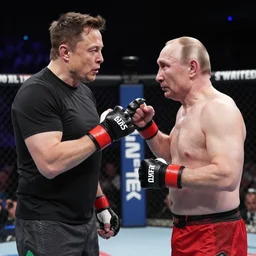 Elon musk fighting Vladimir Putin in the MMA octagon, cinematic shot