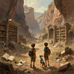 a beautiful and highly detailed painting of a pair of young imaginative boys and their dog as they look at an ancient forgotten library they discovered at the bottom of a massive canyon in a post apocalyptic wasteland of destroyed books | cgsociety, trending on artstation | octane, unreal engine :. 4 | fantasy art :. 3