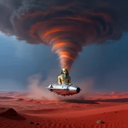 A silver spacecraft meet gods of Egypt in giant mode in the tornado over the roaring scarlet red ocean draw by Art station artist Anato Finnstark, blue and orange lighting, foggy atmosphere , Bottom view