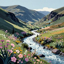 ( ( ( gediminas pranckevicius ) ) ) a river flow through a valley rolling mountain, flower garden summer morning, very coherent and colorful high contrast art by simon stalenhag james gilleard floralpunk papercut grainy risograoh, dark shadows, pastel color, hard lighting