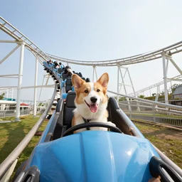 selfie of a dog riding a roller coaster, wide angle, highly detailed