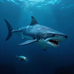 An enormous bloodthirsty Megalodon at the bottom of the Mariana Trench, illuminated with a single light from a tiny submarine, digital art, trending on artstation