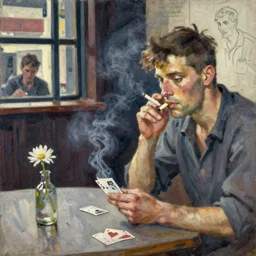 oil painting in the style of john craxton sailors in the shadows of a pub. in the style of ivon hitchins. holding cigarettes. scratch. strong lighting. playing cards. brush. single flower. cheekbones. smokey bar. seated figure hands on table. eye. strong expressions on faces. line drawing.