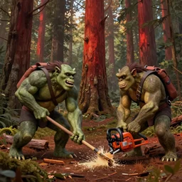 ogres holding pole saws, in a redwood forest, matte painting, cutting down trees