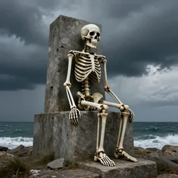 a skeleton sitting on a beautiful, photo - realistic, surreal, and mysterious brutalist monument at the ocean under the stormy sky. trending on artstation