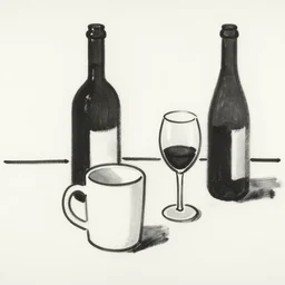 minimal, white mug, glass bottle, wine glass, on a table. drawing on painting, brush marks. expressive abstraction. black. in the style of john craxton, similar aesthetics to ivon hitchins. picasso
