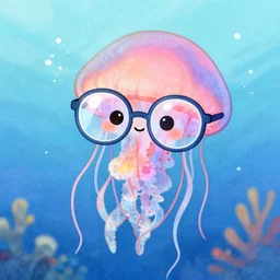 jellyfish wearing glasses, glasses frames, cute, underwater, digital watercolor, artstation, particulate