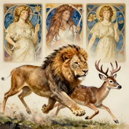 lion chasing a deer, highly detailed, digital painting, artstation, concept art, smooth, sharp focus, illustration, art by artgerm and greg rutkowski and alphonse mucha