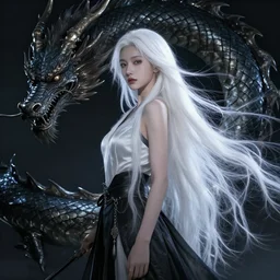 a beautiful woman with long flowing white hair, standing beside a dragon, dark aesthetic