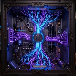 inside computer, ornate and intricate, by greg rutkowski, by anton fadeev, by rhads, 4 k, cyber punk style, glowing blue veins, purple glowing wires