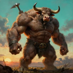muscular humanoid hybrid bull with weapon and anthropomorphic human oversized mutant proportions and very hairy body , backlight  body , extreme very textured detailed intricate  painting by rembrandt, sunset, dramatic clouds cyan atmosphere