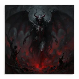hell landscape, hallowed be thy name, 6 6 6, fear of the dark, fear, blood, demon, evil, eldritch, black and red, painting, hyperdetailed, horror,