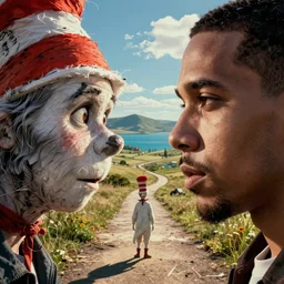 The East Coast–West Coast hip hop rivalry illustrated by Dr Seuss, path traced, detailed faces