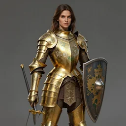 full body portrait of a female italian warrior medium length brown hair and a very highly detailed face wearing elegant golden plate mail armor intricately painted with green and white accents, holding a rectangular tower shield, very highly detailed, artstation, cgsociety, realistic character concept art, sharp focus, by greg rutkowski, artgerm, and alphonse mucha