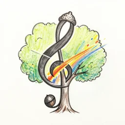 single line drawing, acorn that turns into a tree in shape of treble clef, dividing line up the middle like a scar, bursts of color when crossing scar, trending on art station