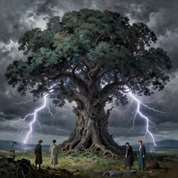 a beautiful painting by roger deakins and moebius and alphonse much and guweiz and hiroshi yoshida of a huge tree of storm, foliage made of stormy clouds and lightnings, epic, fantasy, high definition, cinematic shot, artstation
