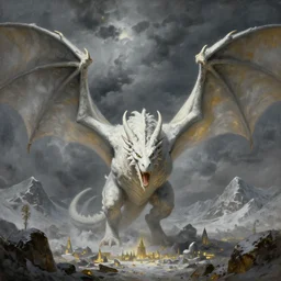 adult white dragon, open mouth, massive wings, wide angle, greg rutkowski, drark, marvel comics, dark, plutus su, chris scalf, lucas graciano, billy christian, symmetrical head, snowy mountains, small city, grey and gold color palette, painting, d & d, fantasy, storm clouds