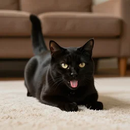a black cat splooting on a cream carpet in front of a brown couch with its eyes unfocused and its tongue out, photography, realistic, cute, adorable
