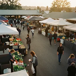 film still, establishing shot of bustling farmers market, golden hour, high angle