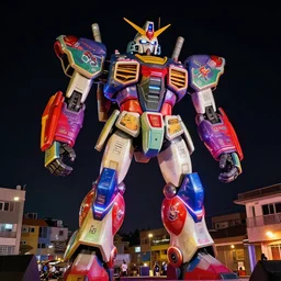 colourful giant mecha ROBOT of neon lit - AJEGUNLE SLUMS of Lagos, markings on robot, Night,