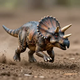action photography, long shot, award winning macro photo of an ultra detailed intricate muddy tiny triceratops running very fast on mud, dirt and dust, fast shutter speed, motion blur, tiny gaussian blur, highly detailed, highly intricate, depth of field, national geographic