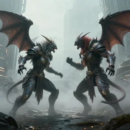 hyperrealism fantasy creatures fight scene concept portrait, digital art, wallpaper of an fantasy fight, background of sci fi city in fog, diffused lighting, 8 k dop hdr