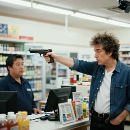 bob dylan pointing a gun at a convenience store cashier, security camera footage