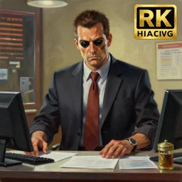 an oil painting of the terminator as a bank attendant, by artgerm, hd, hdr, ue 5, ue 6, unreal engine 5, realistic anime 3 d style, cinematic 4 k wallpaper, 8 k, ultra detailed, gta cover art, high resolution, artstation, award winning
