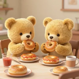 digital painting of two cute fuzzy golden teddy bears sitting at breakfast table eating bagels with lox, 3 d 4 k richard scarry, maurice sendak, detailed