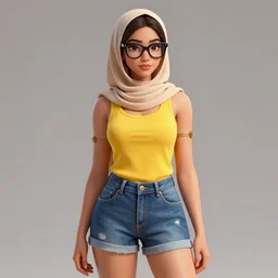 young hyderabadi muslim female wearing denim short shorts cateye glasses and yellow tank top, highly detailed, artgerm style, artstation, soft light, sharp focus, illustration, character design, concept art
