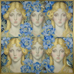 breathtaking detailed concept art painting art deco pattern of blonde faces goddesses amalmation light - blue flowers with anxious piercing eyes and blend of flowers and birds, by hsiao - ron cheng and john james audubon, bizarre compositions, exquisite detail, 8 k