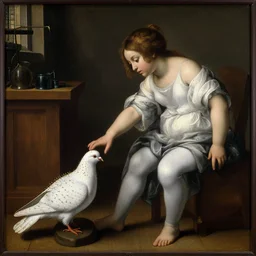 realistic museum photography of a painting of girl wearing white tights, touching a white pigeon, covered with brass needle spikes in a wooden medieval laboratory room in style raffaello sanzio, italian renaissance painting, detailed