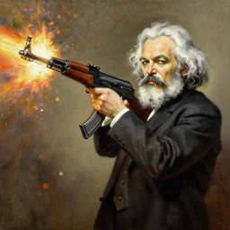karl marx firing an ak47, oil on canvas, very detailed