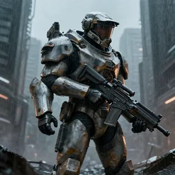 photo of an ODST in battered armor in a war-torn futuristic city, trending on artstation, highly detailed, cinematic lighting, cinematic angles, 8k, raining