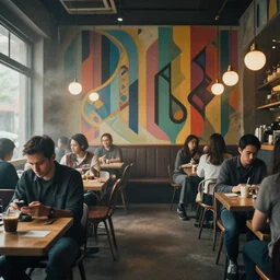 portrait of busy cafe interior man, colorful, my people, modern art deco, mads berg, christopher balaskas, victo ngai, low fog, fine texture, detailed, muted colors, dramatic lighting, dynamic composition, film noir, matte print, wide angle, moody, stippled, very grainy texture